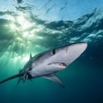 Blue Shark swims under the late afternoon sun