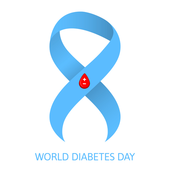 World diabetes day awareness poster banner background design with blue ribbon with red blood drop symbol. Vector illustration of World Diabetes Day Concept. 14 November