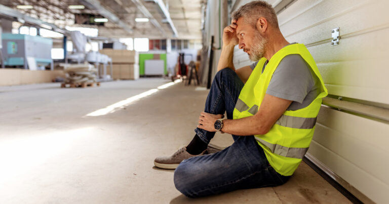 Construction Worker Sitting On Floor Feeling Exhausted in Warehouse Environment